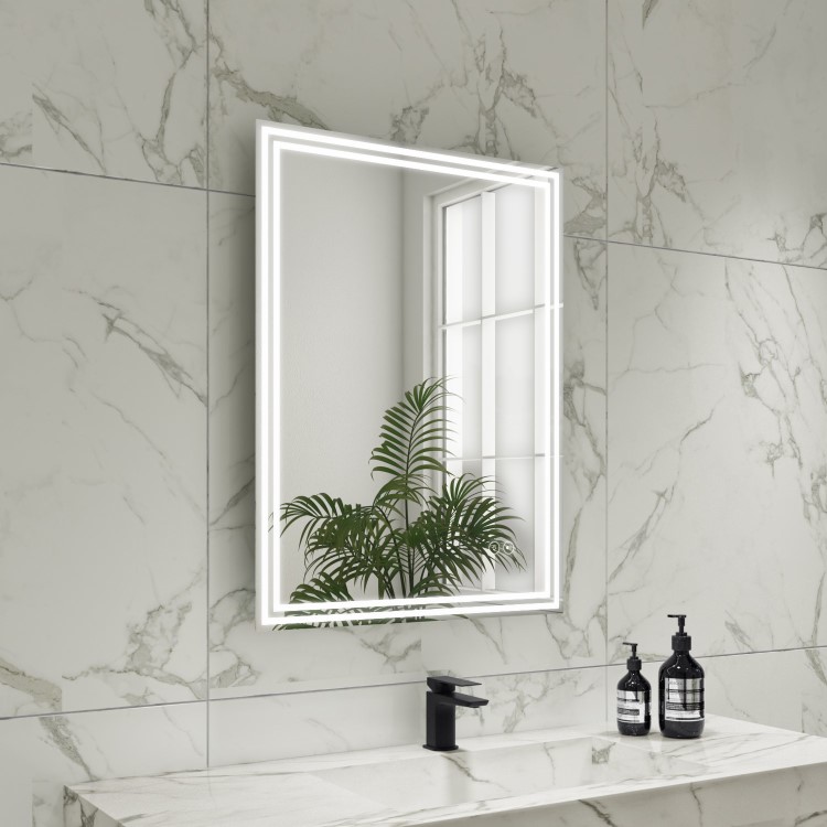 ONLY OPENED - Rectangular Double Border LED Bathroom Mirror with Demister 600x800mm -Antila