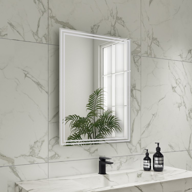 ONLY OPENED - Rectangular Double Border LED Bathroom Mirror with Demister 600x800mm -Antila