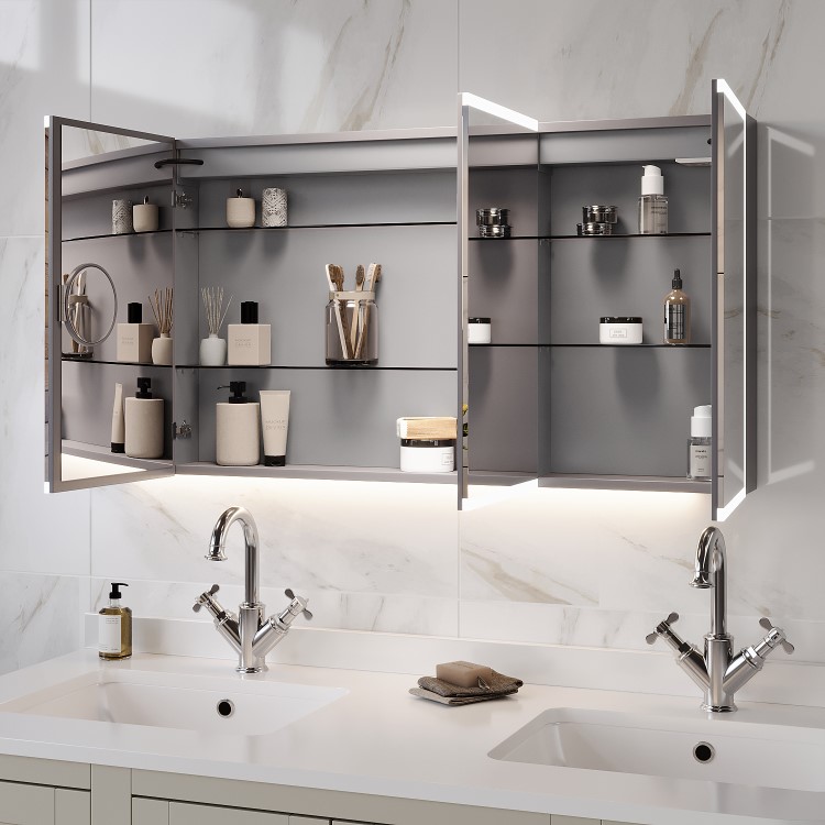 Triple Door Chrome Mirrored Bathroom Cabinet with Lights Bluetooth Speaker & Demister 1200 x 700mm - Ursa