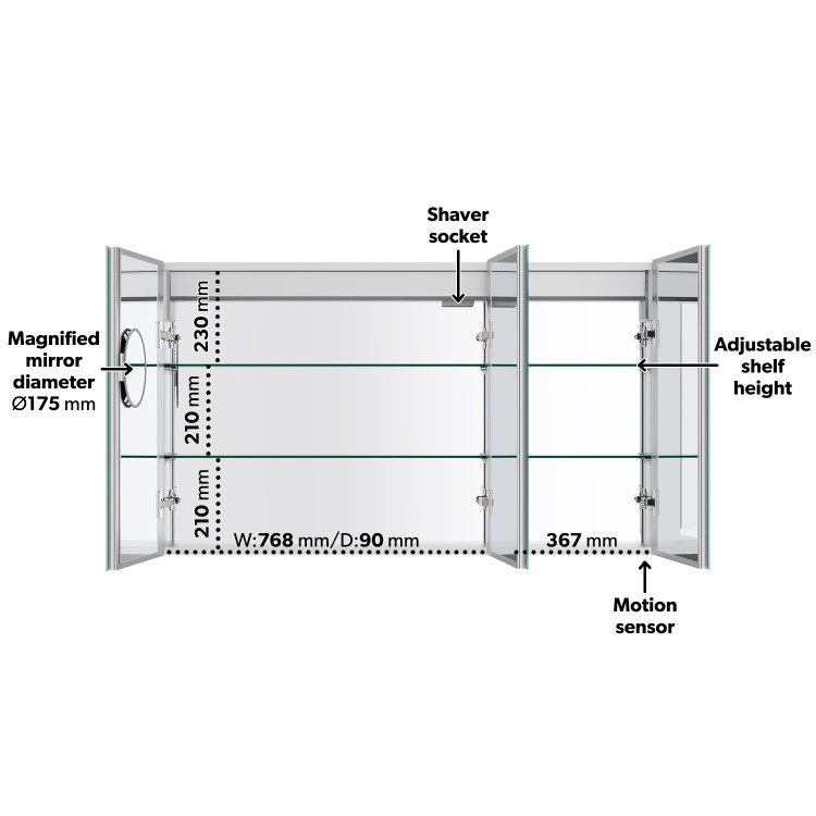 Triple Door Chrome Mirrored Bathroom Cabinet with Lights Bluetooth Speaker & Demister 1200 x 700mm - Ursa