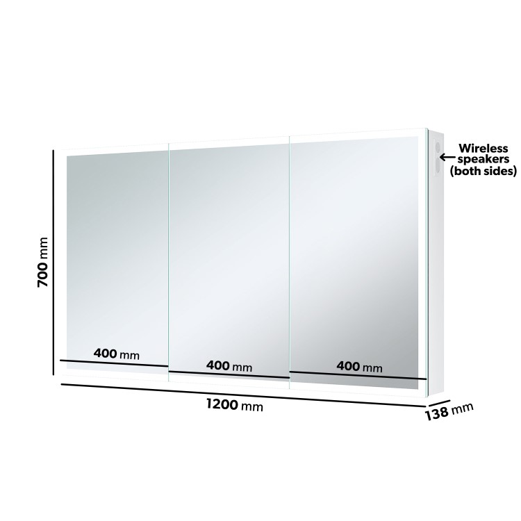 Triple Door Chrome Mirrored Bathroom Cabinet with Lights Bluetooth Speaker & Demister 1200 x 700mm - Ursa