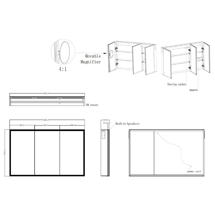 Triple Door Chrome Mirrored Bathroom Cabinet with Lights Bluetooth Speaker & Demister 1200 x 700mm - Ursa