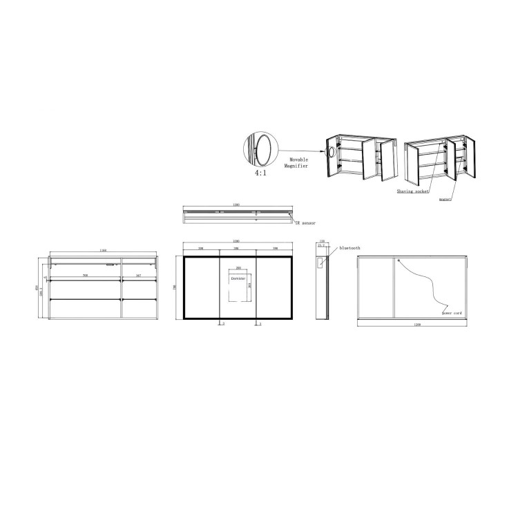 Triple Door Chrome Mirrored Bathroom Cabinet with Lights Bluetooth Speaker & Demister 1200 x 700mm - Ursa