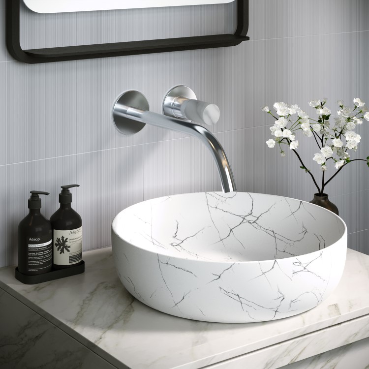 GRADE A1 - Marble Effect White Round Countertop Basin 390mm - Lorano