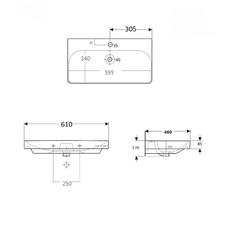 GRADE A1 - Square Wall Hung Basin 600mm - Andros