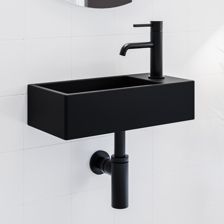 ONLY OPENED - Black Wall Hung Cloakroom Basin Right Hand 405mm - Detroit