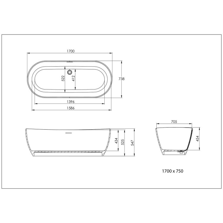 GRADE A1 - Freestanding Double Ended Solid Surface Bath 1700 x 750mm - Parma