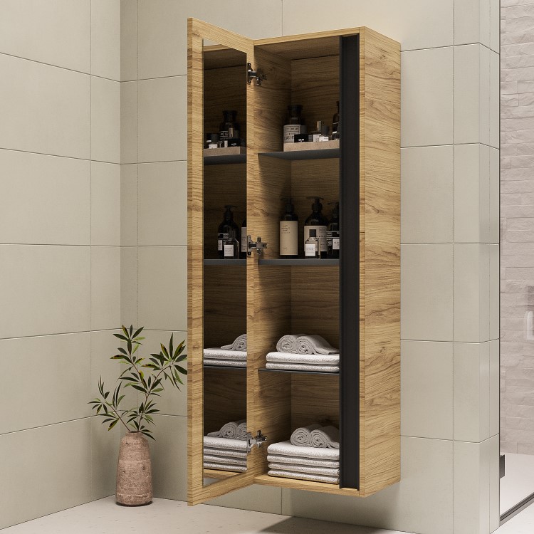 GRADE A1 - Wood Effect Wall Mounted Tall Bathroom Cabinet 420mm - Roxbi