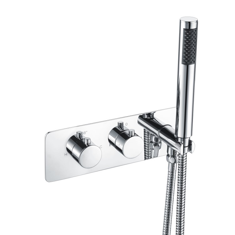 Chrome 2 Outlet  Wall Mounted Thermostatic Mixer Shower Set With Hand Shower & Spout - Flow