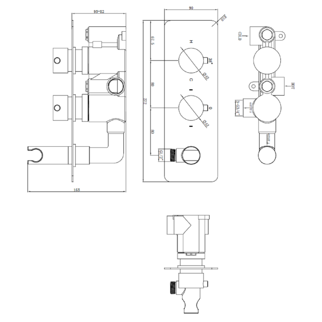 GRADE A1 - Flow Round Thermostatic Concealed Shower Valve with Handset - 2 Outlet