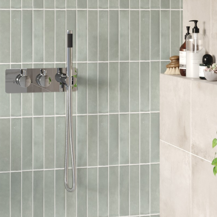 Chrome 2 Outlet  Wall Mounted Thermostatic Mixer Shower Set With Hand Shower & Spout - Flow