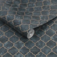 GRADE A1 - Teal and Gold Trellis Wallpaper - Contour Antibac