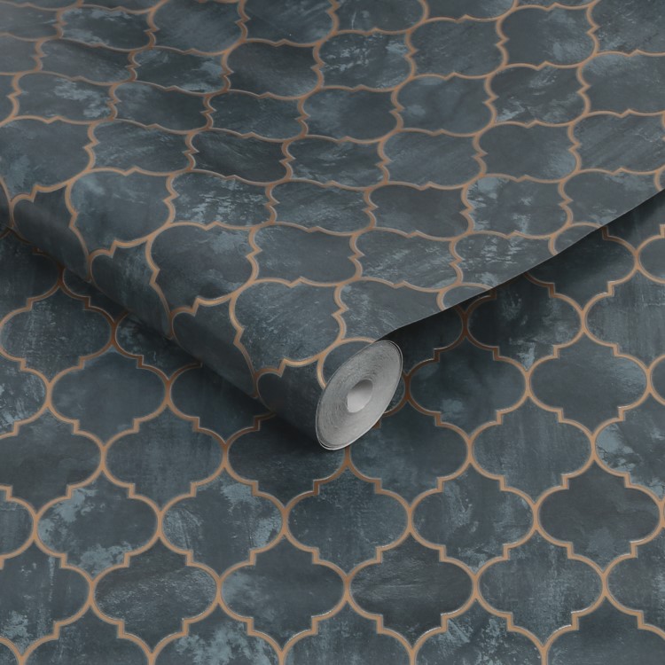 GRADE A1 - Teal and Gold Trellis Wallpaper - Contour Antibac