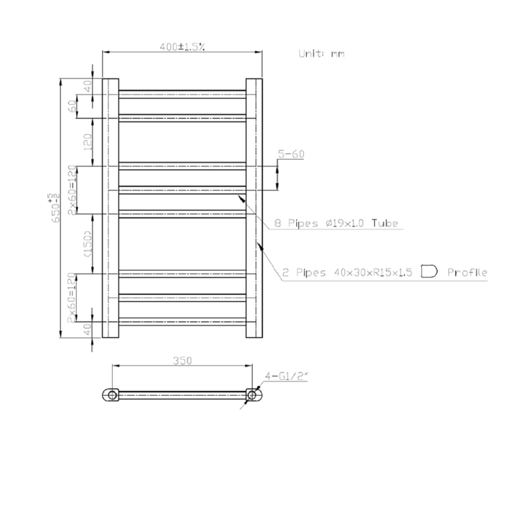 GRADE A1 - Chrome Heated Towel Rail Radiator 650 x 400mm - Sahara