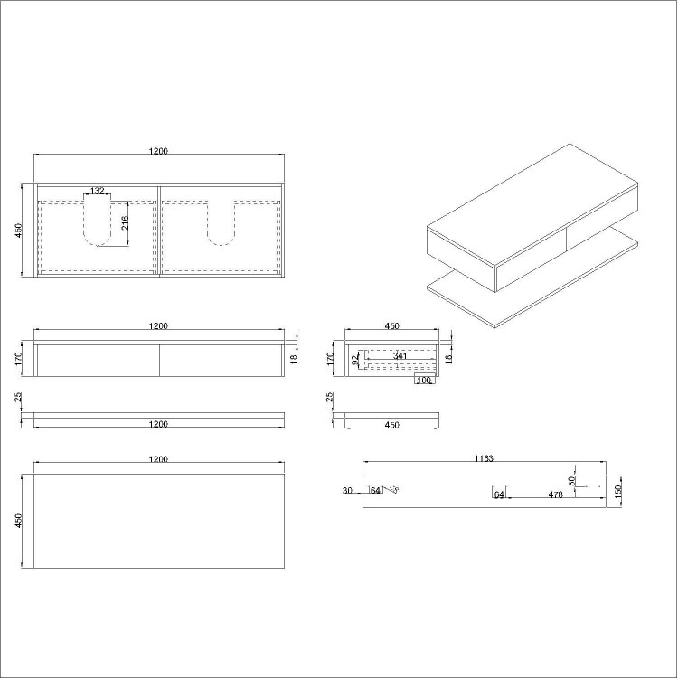 1200mm Green Wall Hung Countertop Double Vanity Unit with Shelf - Lugo