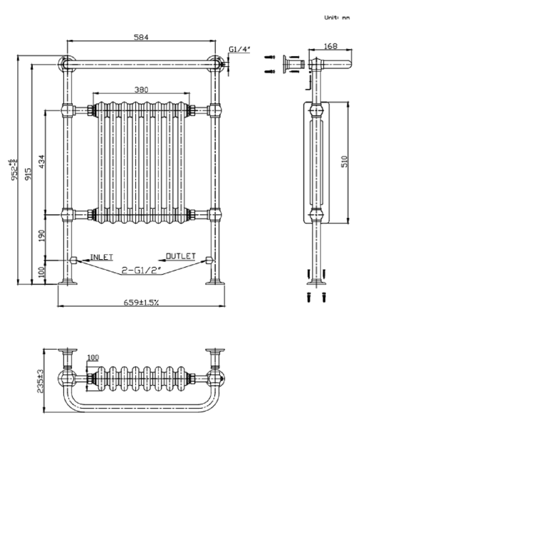 ONLY OPENED - Brass and White Heated Towel Rail Radiator 952 x 659mm - Regent