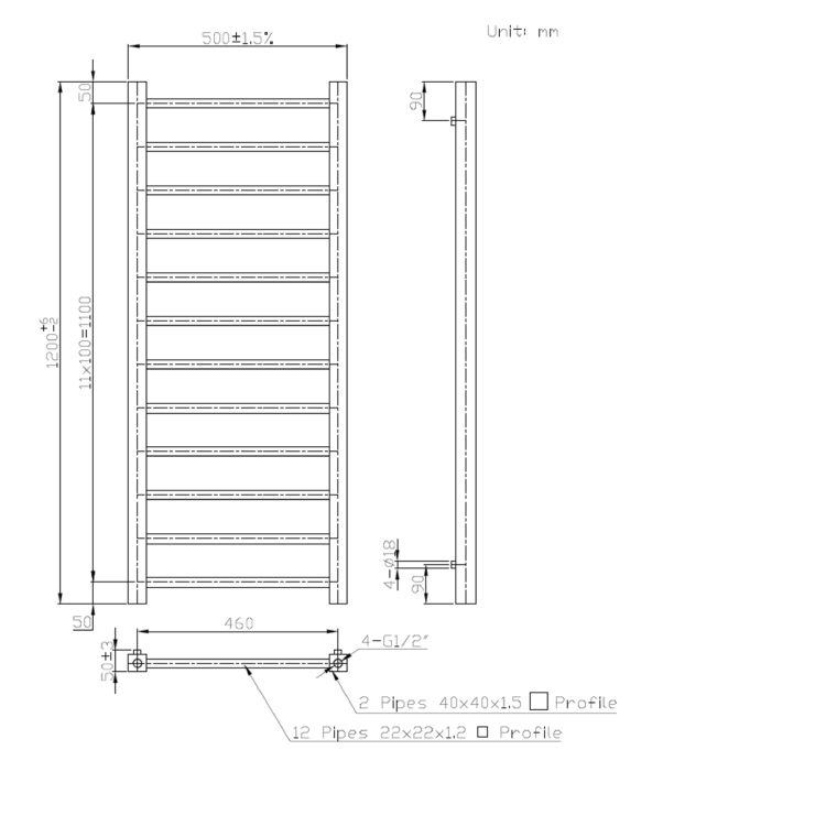 GRADE A1 - Brass Heated Towel Rail Radiator 1200 x 500mm - Sonoran