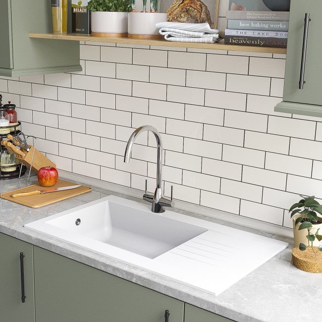 Single Bowl White Composite Kitchen Sink with Reversible Drainer - Essence Amelia