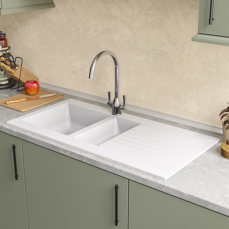 ALMOST PERFECT - 1.5 Bowl White Composite Kitchen Sink with Reversible Drainer - Essence Amelia