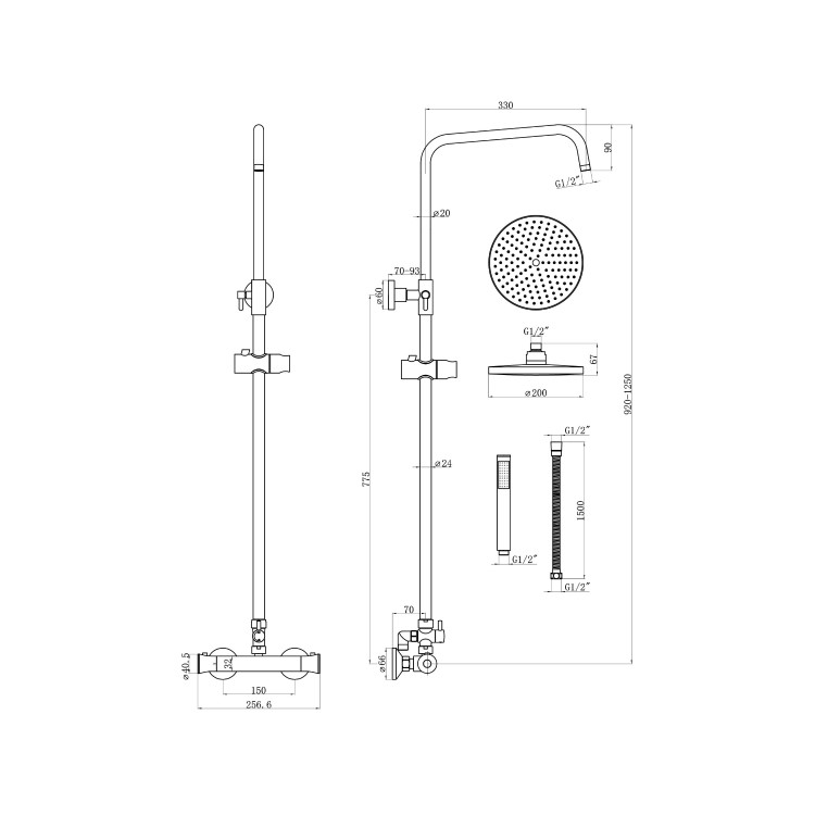 Chrome Thermostatic Mixer Shower with Round Overhead & Pencil Handset - Vira