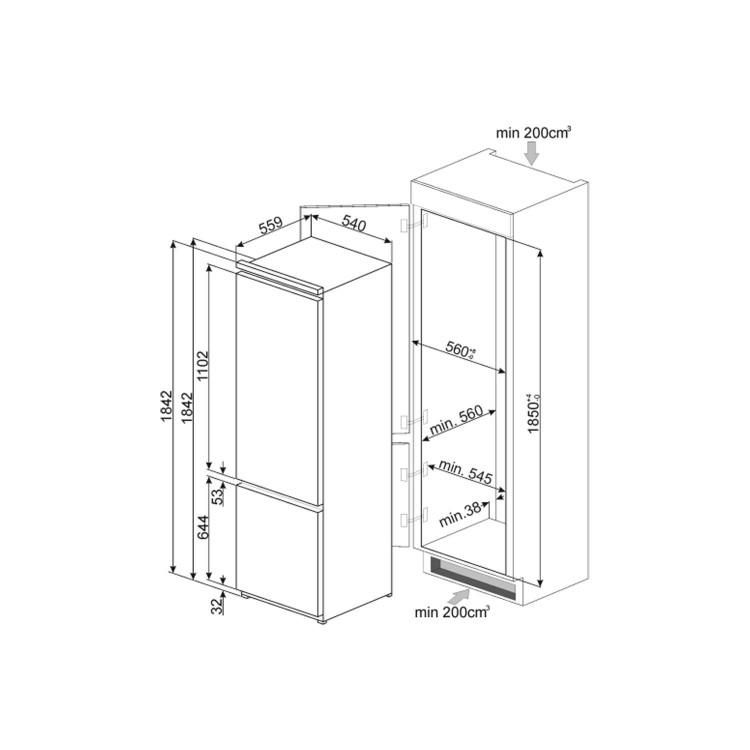 Refurbished Smeg C3180FP Integrated 308 Litre 70/30 Upright Fridge Freezer White