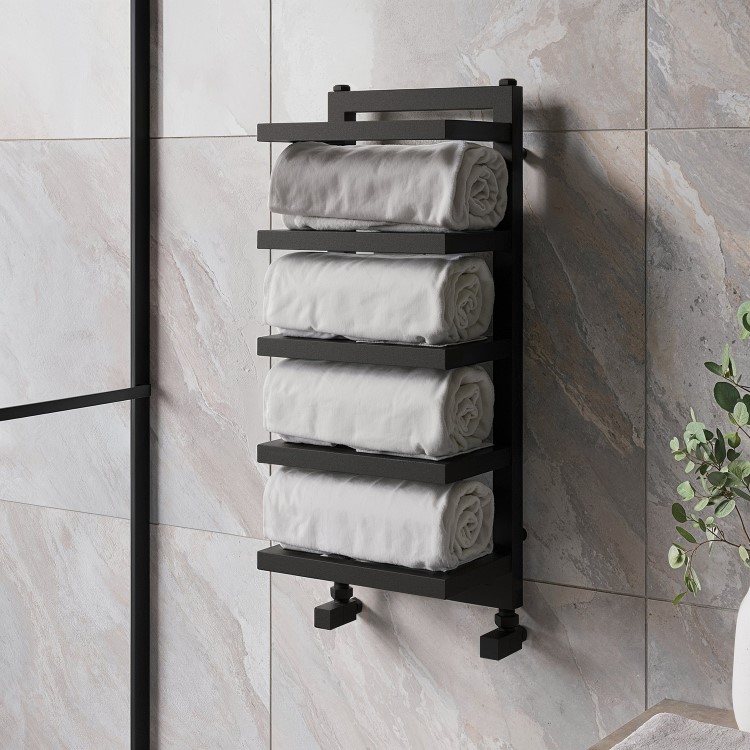 GRADE A1 - Black Vertical Heated Towel Shelf Radiator 700 x 300mm - Cairo
