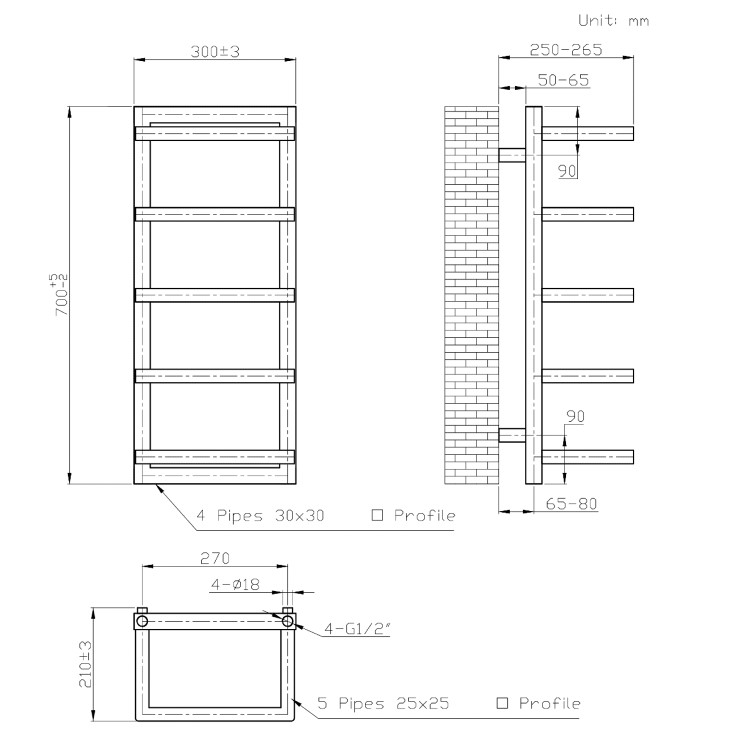 GRADE A1 - Black Vertical Heated Towel Shelf Radiator 700 x 300mm - Cairo