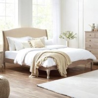Oatmeal Fabric and Oak Wooden King Size Bed Frame - Camille