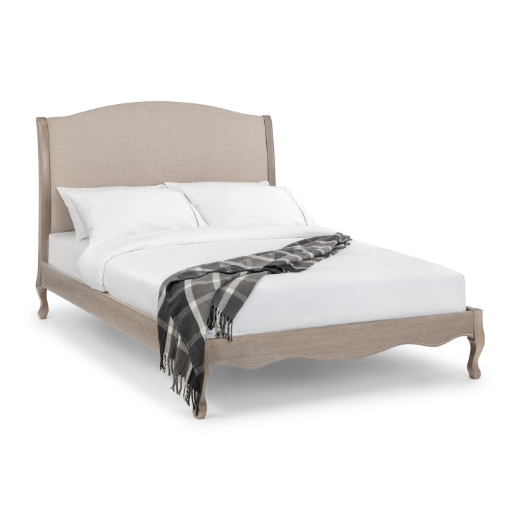 Oatmeal Fabric and Oak Wooden King Size Bed Frame - Camille