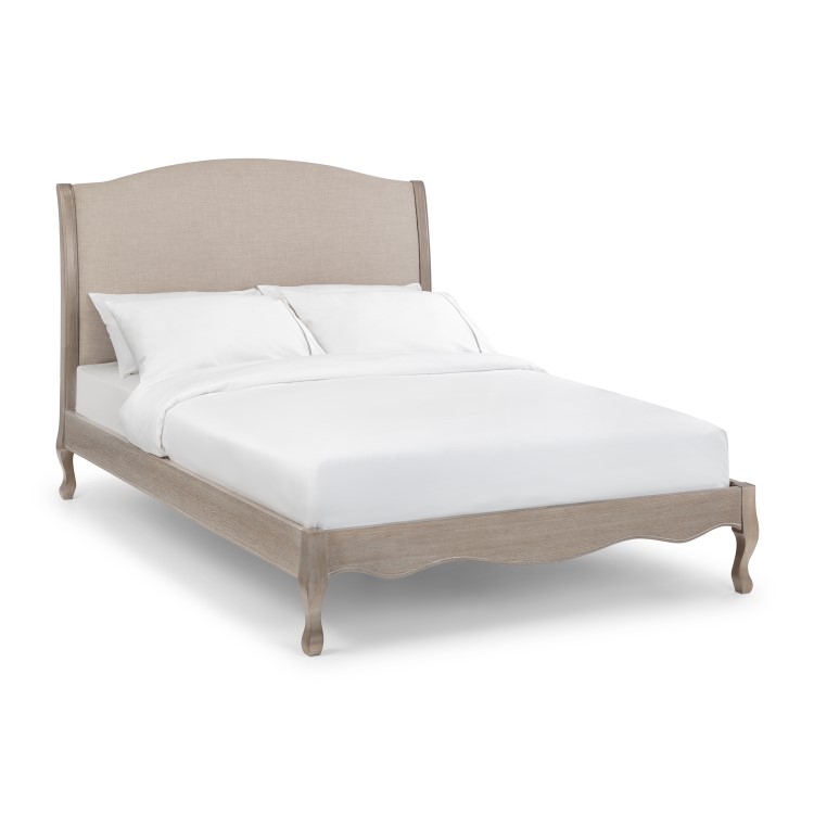 Oatmeal Fabric and Oak Wooden King Size Bed Frame - Camille