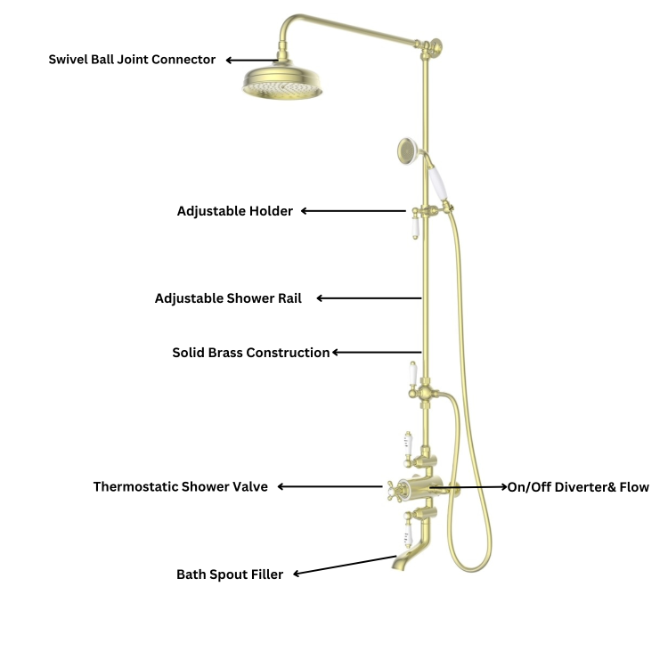 Brushed Brass Traditional Thermostatic Bath Mixer Shower Set with Bath Filler Spout - Slide Rail Kit & Hand Shower - Camden