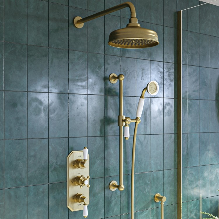 Brushed Brass 2 Outlet  Wall Mounted Thermostatic Mixer Shower Set with Hand Shower - Cambridge