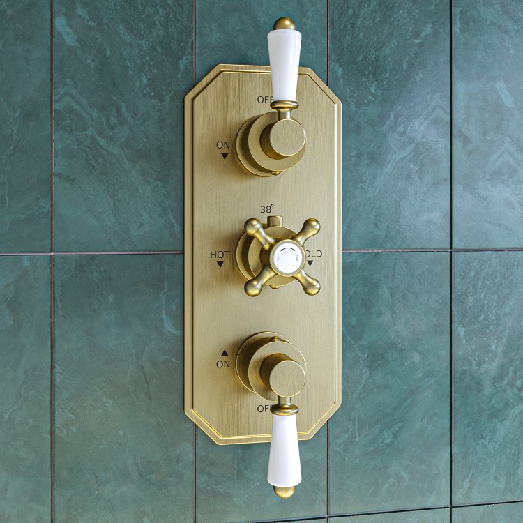 Brushed Brass 2 Outlet  Wall Mounted Thermostatic Mixer Shower Set with Hand Shower - Cambridge