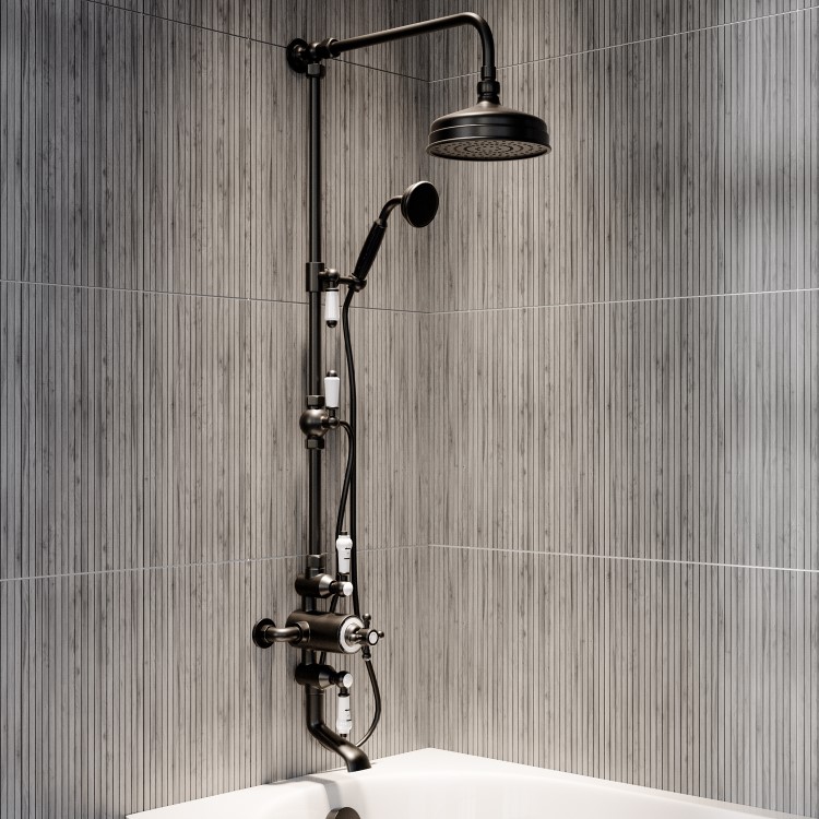 Black Traditional Thermostatic Bath Mixer Shower Set with Bath Filler Spout - Slide Rail Kit & Hand Shower - Camden