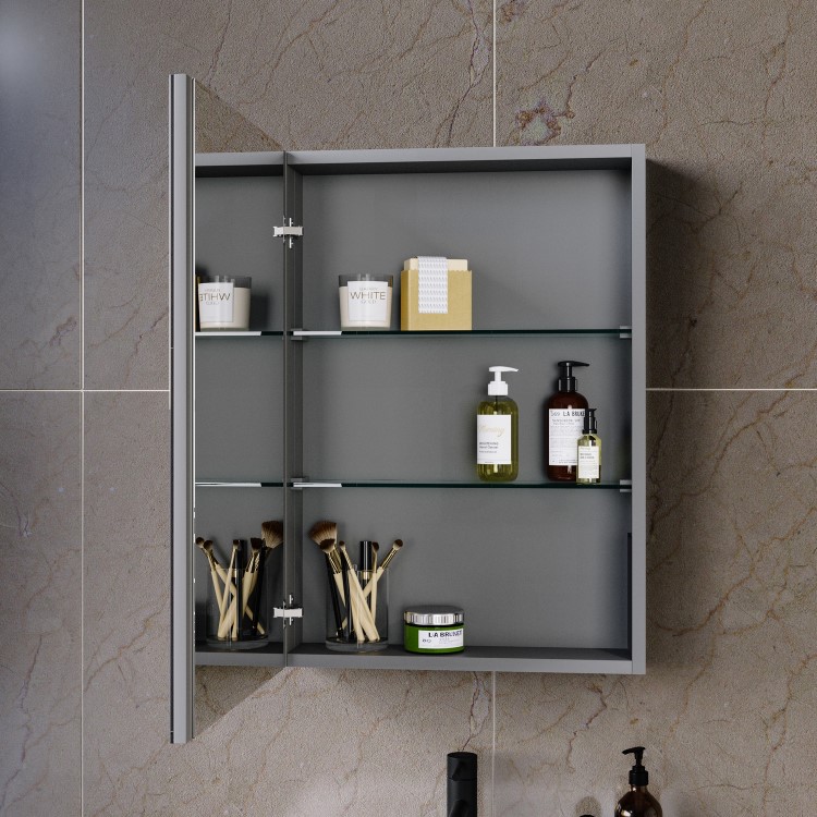 GRADE A1 - Single Door Chrome Bathroom Mirror Cabinet with Battery Operated Lights 500 x 700mm - Capricorn