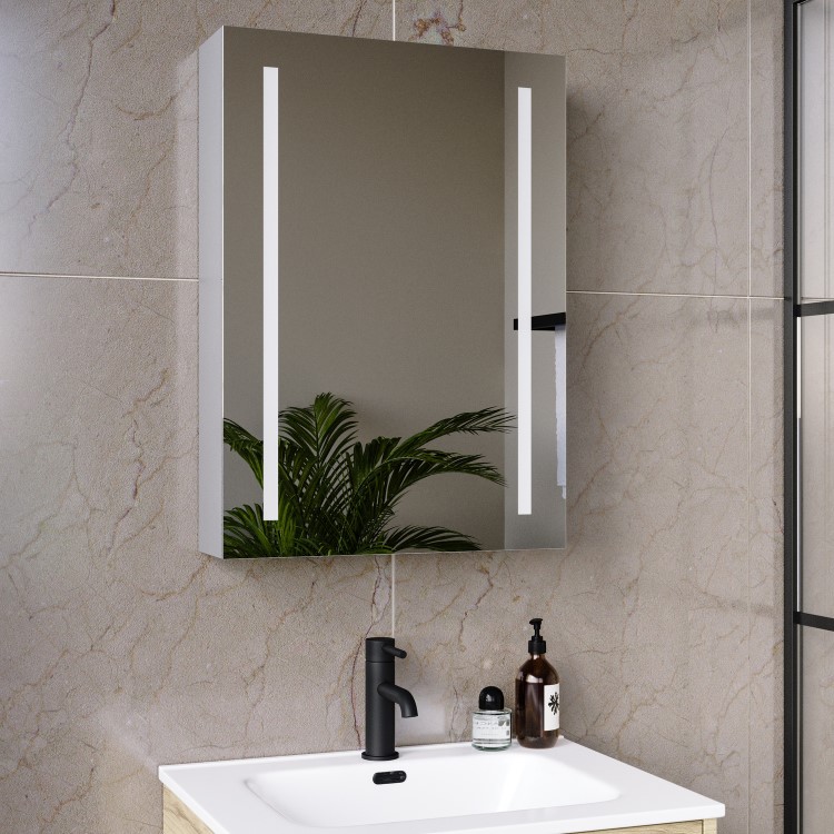 GRADE A1 - Single Door Chrome Bathroom Mirror Cabinet with Battery Operated Lights 500 x 700mm - Capricorn