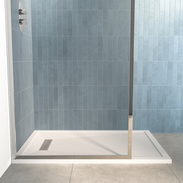 GRADE A1 - 1200x800mm Rectangular Low-Profile Shower Tray 25mm with Linear Waste - White Stone Resin - Cascade