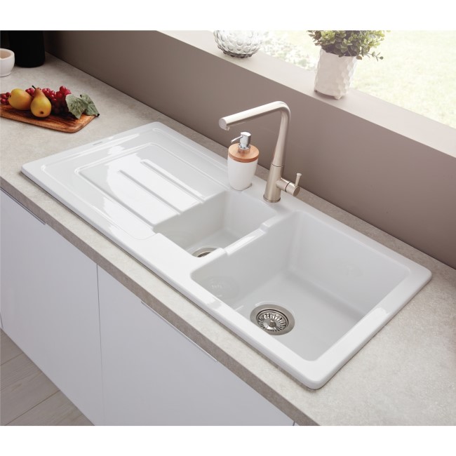 1.5 Bowl Inset White Ceramic Kitchen Sink with Reversible Drainer - Rangemaster Austell