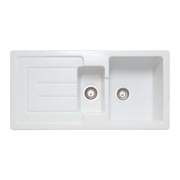 1.5 Bowl Inset White Ceramic Kitchen Sink with Reversible Drainer - Rangemaster Austell
