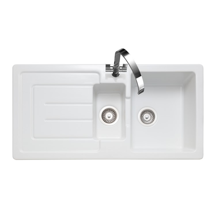1.5 Bowl Inset White Ceramic Kitchen Sink with Reversible Drainer - Rangemaster Austell