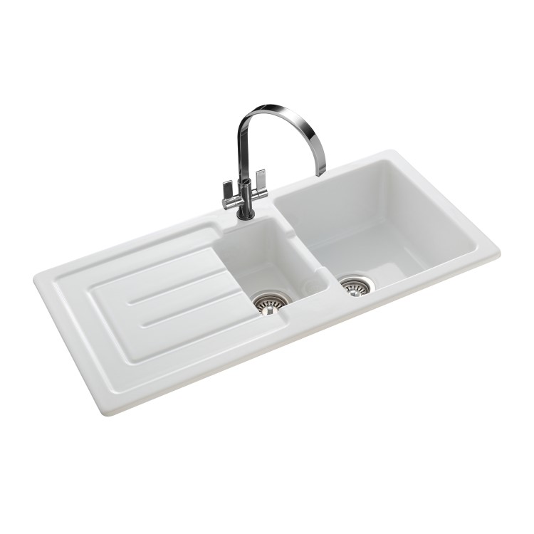 1.5 Bowl Inset White Ceramic Kitchen Sink with Reversible Drainer - Rangemaster Austell
