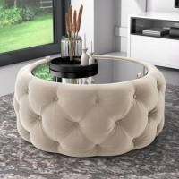 Cream Velvet Ottoman Coffee Table with Button Detail - Clio