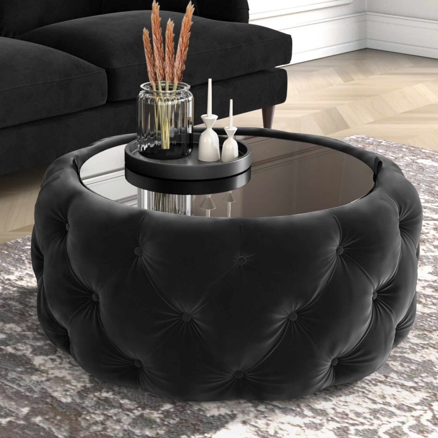 Black velvet ottoman coffee table discount