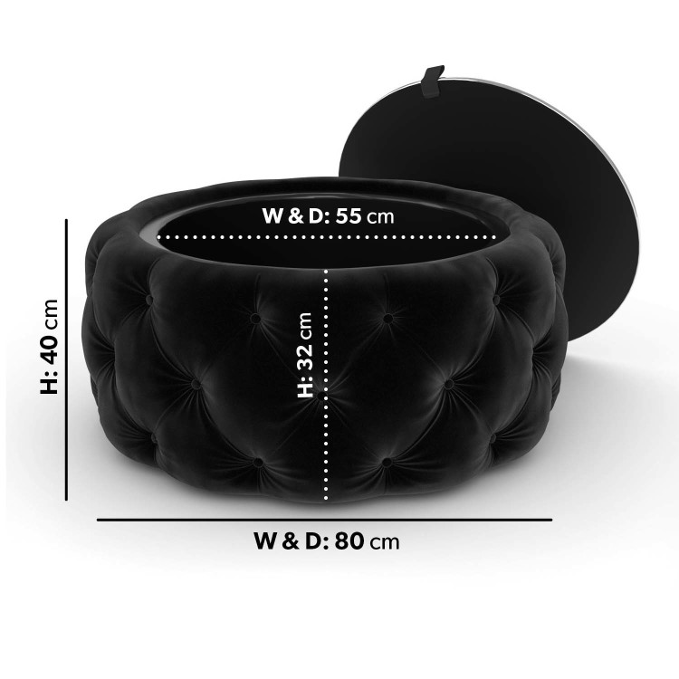 Small Round Black Velvet Ottoman Coffee Table with Glass Top - Clio