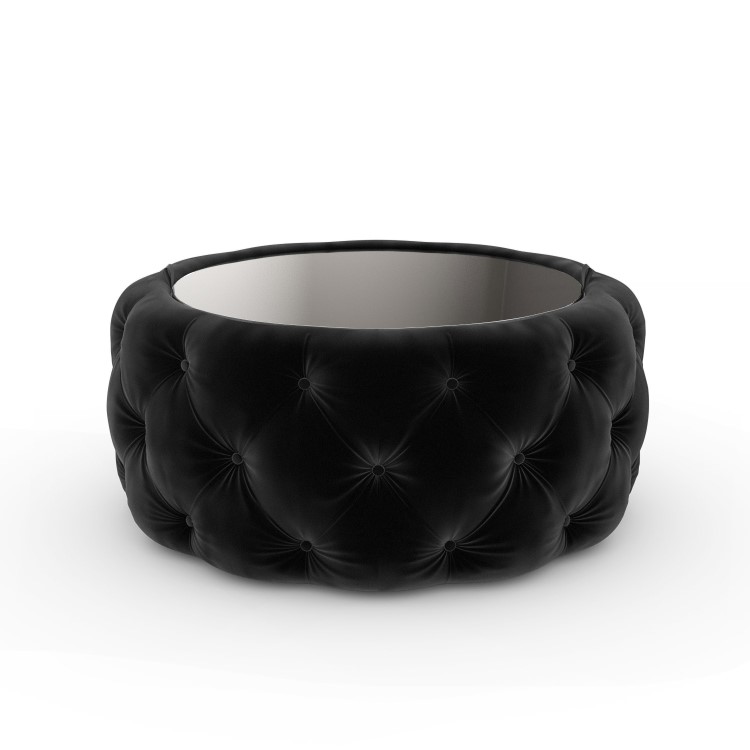 Small Round Black Velvet Ottoman Coffee Table with Glass Top - Clio