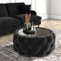 Small Round Black Velvet Ottoman Coffee Table with Glass Top - Clio