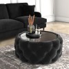 Small Round Black Velvet Ottoman Coffee Table with Glass Top - Clio