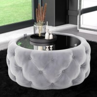 Silver Grey Velvet Ottoman Coffee Table with Mirrored Top - Clio