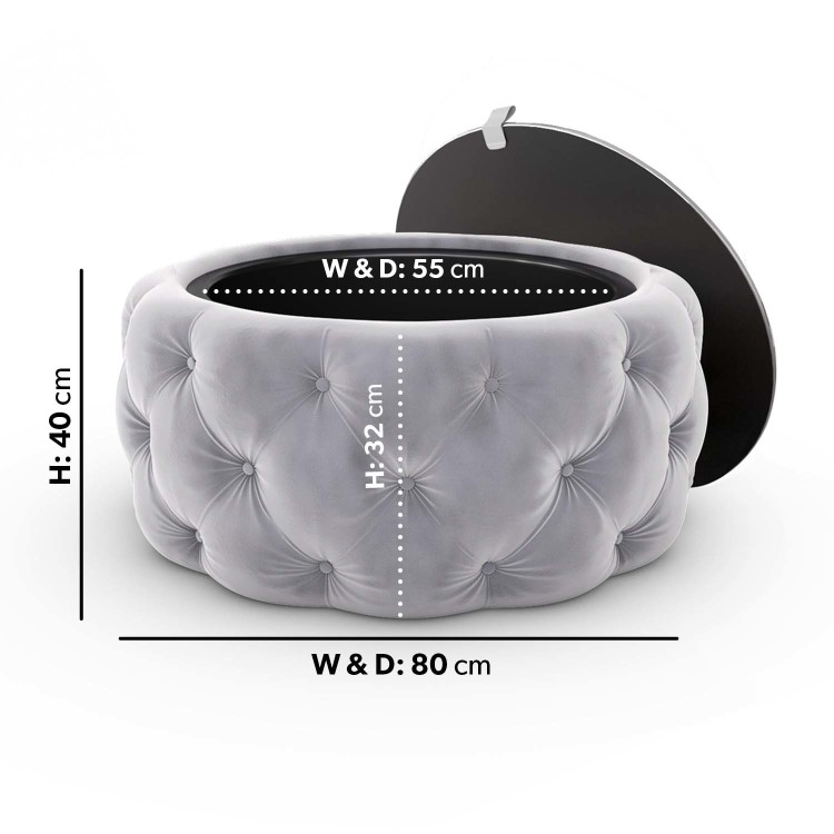 Silver Grey Velvet Ottoman Coffee Table with Mirrored Top - Clio