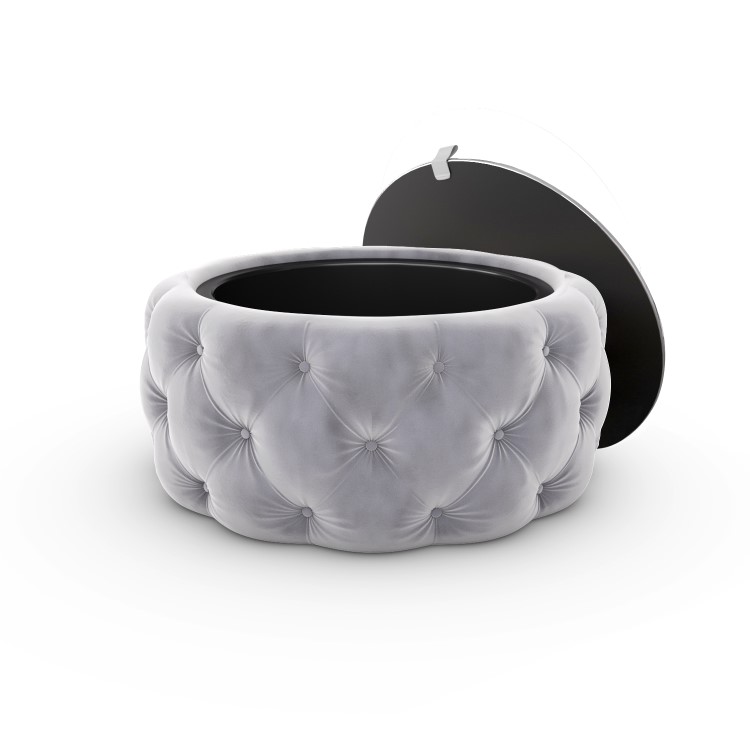 Silver Grey Velvet Ottoman Coffee Table with Mirrored Top - Clio